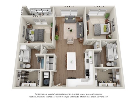 Floor plan for 2 beds, 2 baths, 1150 sqft